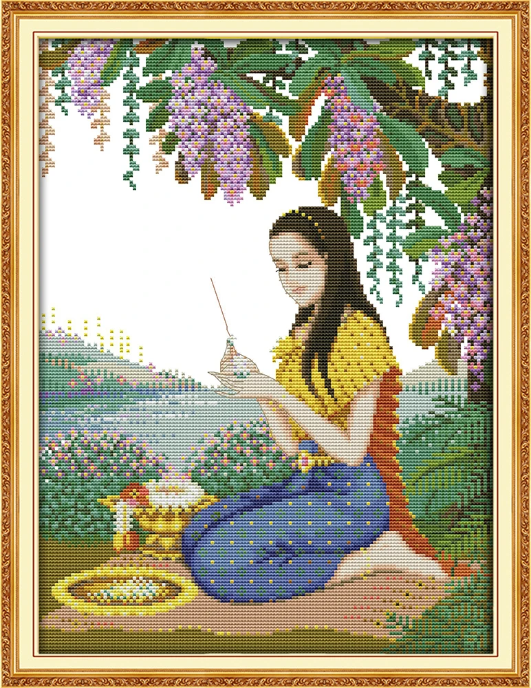 

Полный набор для вышивки крестом, набор для игр с цветочным принтом, штампованная ткань без печати, DMC, рукоделие, домашний декор