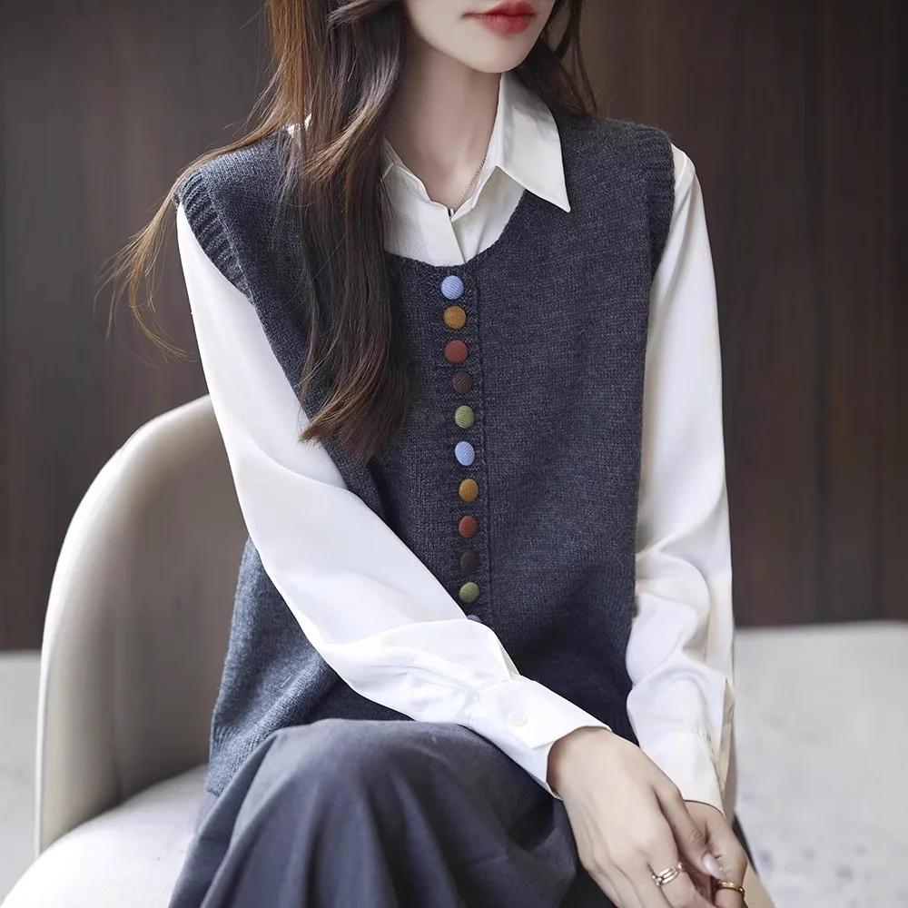 Retro Button Crew Neck Knitted Vest Cardigan Women's Sleeveless Sweater Stack Wear Versatile Top Ladies Spring Autumn Jacket