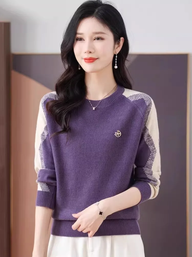 

Autumn Winter Camere Sweater Women round Ne Overhead Color Blo Loose Anti Aging Knitted Top Versatile Base irt