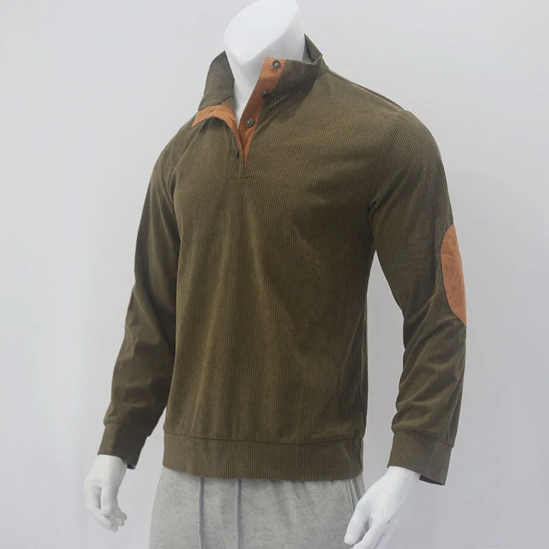 Vintage Corduroy Sweatshirts for Men Casual Long Sleeve Stand Collar Button Pullovers Spliced Loose Outdoor Sports Sweatshirt