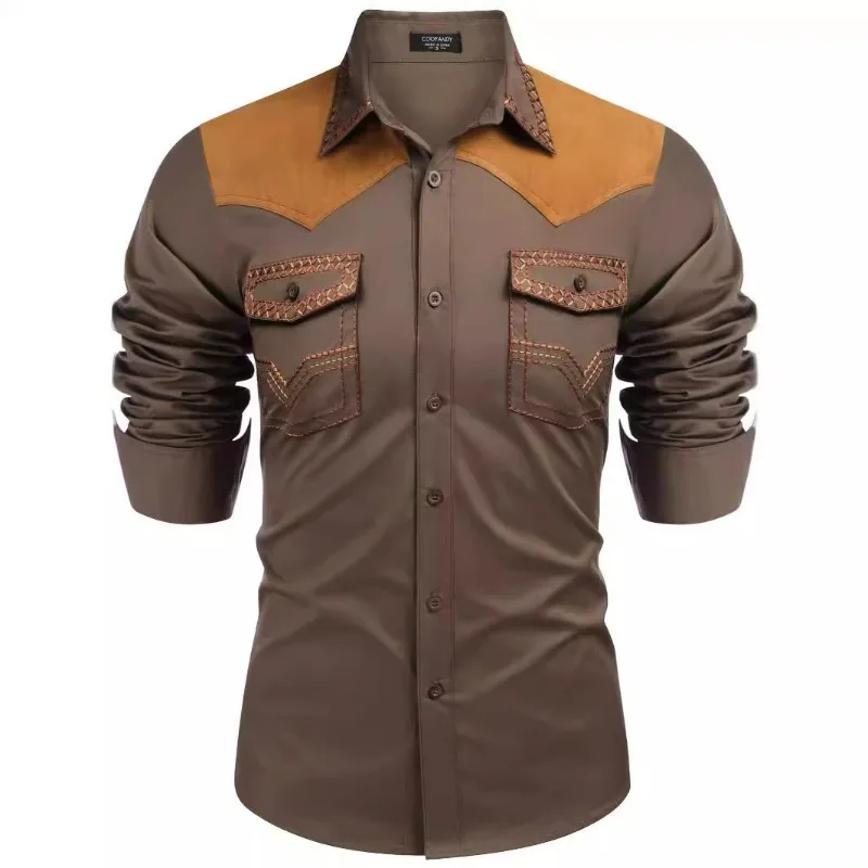 KIDWHXR Men Autumn Shirts Western Cowboy Style Patchwork Embroidery Male Top Slim Long Sleeve Versatile Man Casual T-shirt