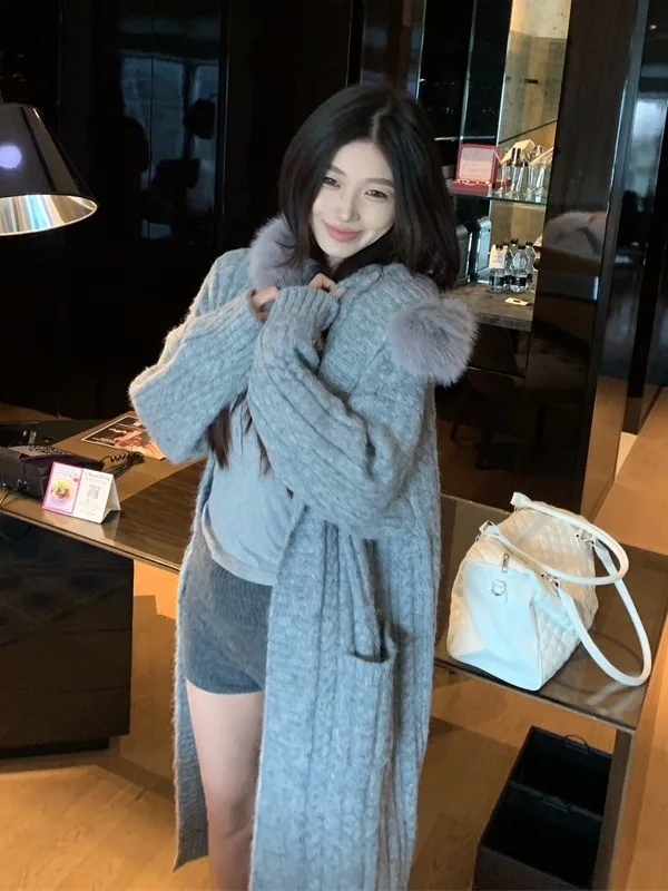 

plus Size Thickened Fur Collar Long Sleeve Knitted Sweater Autumn Winter New Style Loose Slimming Medium Length Open Cardigan...