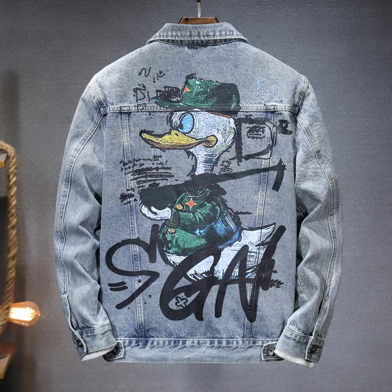 

2024 new autumn denim jacket men's fashion trend cartoon print Street slim fit loose coat casual lapel denim outer garment