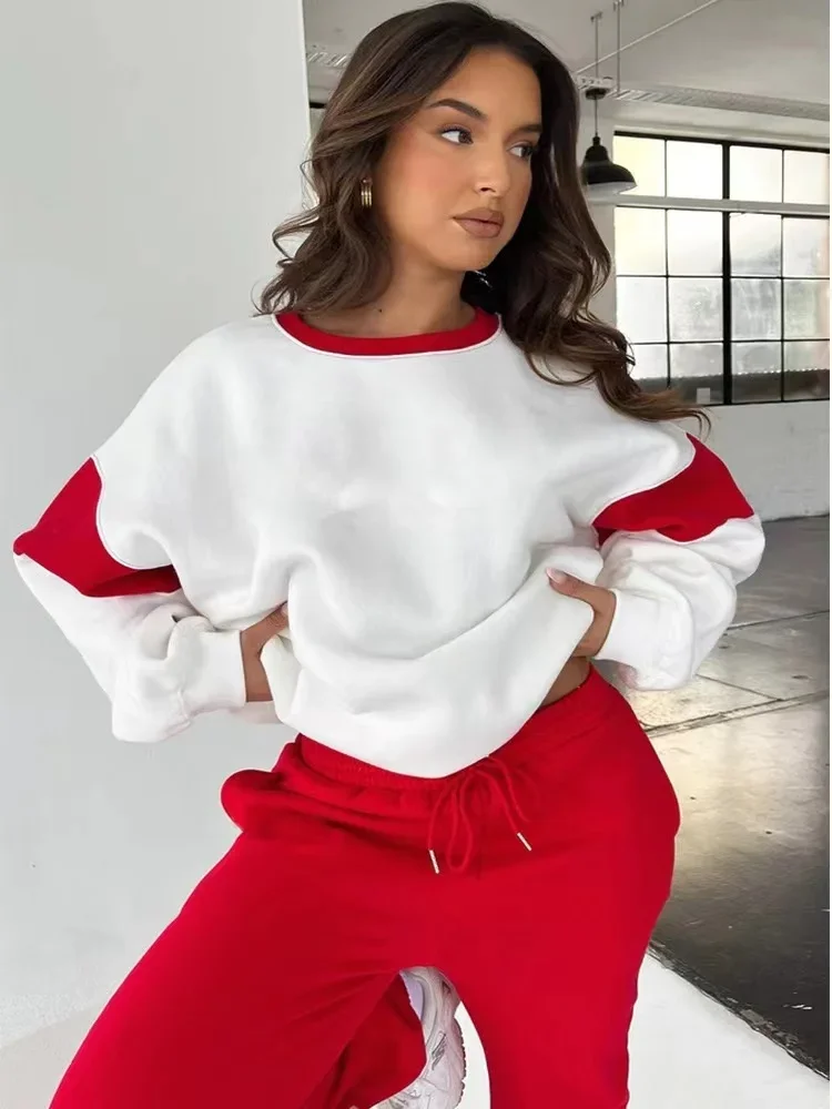 2024 New Winter Fashion Colorblock Two Piece Sets Women Outfit Autumn Y2K Clothes Pullover Sweatshirt Top Pants Sets Tracksuit