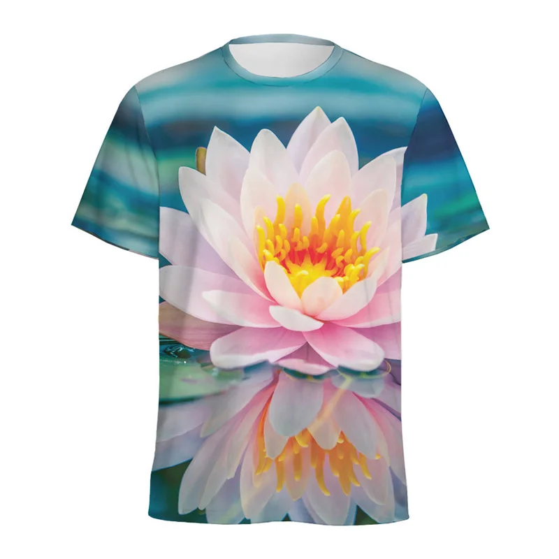 Water Lily Floral Pattern T Shirts 3D Printed Plants Flower T-shirt Men Summer Short Sleeve Tops Women Round Neck Tee Shirt