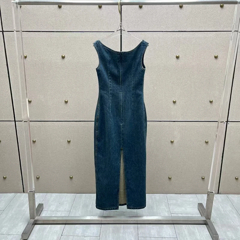 فستان نسائي من الدنيم المغسول، فستان طويل بقصة ضيقة بدون أكمام ورقبة مستقيمة، فستان رسمي من القطن الخالص عالي الجودة، 2025، جديد