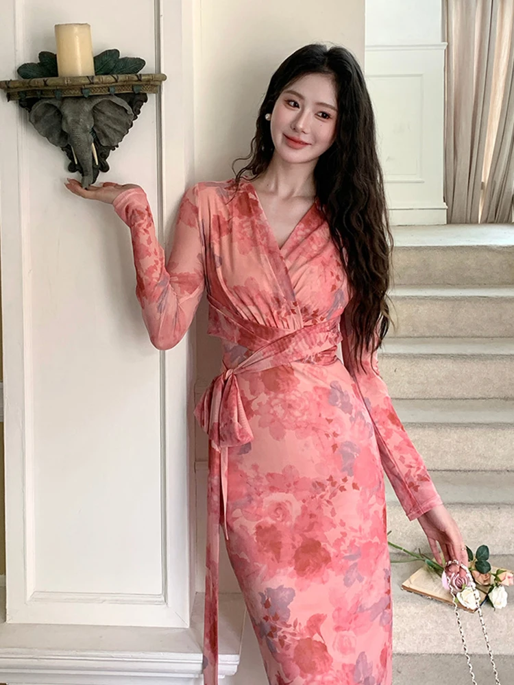 Women Clothes Sweet Mesh Floral Print V-Neck Slim Bandage Midi Pencil Dress Elegant Commute  Vestidos Robe Casual Autumn Korean
