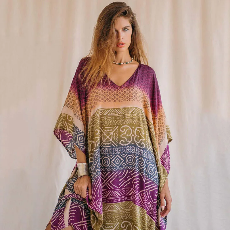 Plus Size Boho Cover Up, damskie Plus krawat Dye i wzór serca rękaw w kształcie skrzydła nietoperza dekolt Maxi okrycie plażowe do góry