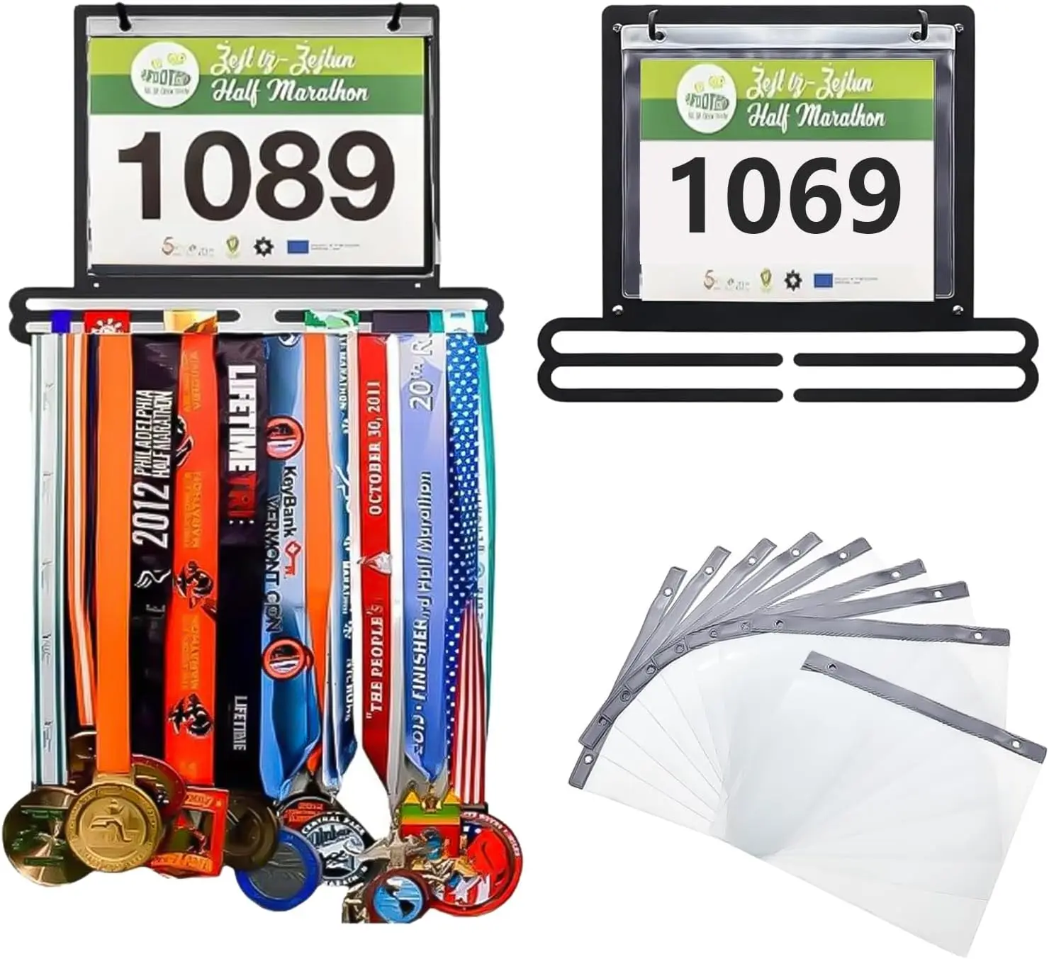 Race Bib and Medal Display Hanger - Holds 40+ Medals & 20 Race Bibs with Flip Vinyl Sleeves, Running Bib Holder, Send to Great G