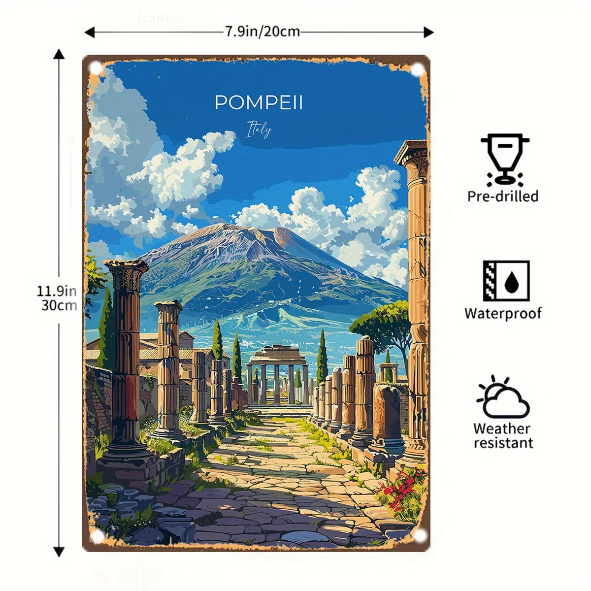 DDPNKL Vintage Pompeii ديكور فني جداري إيطالي لوح من القصدير المعدني الحديدي مع منظر طبيعي Vesuvius وأعمدة رومانية وأشجار السرو