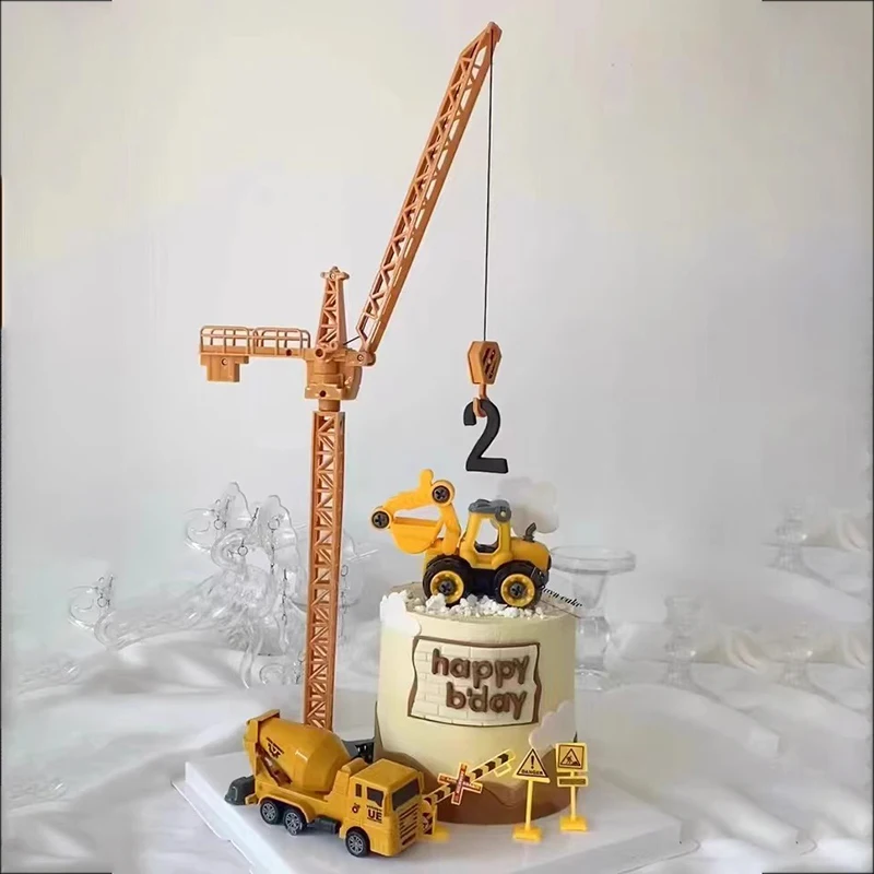 Engineering Vehicle Crane Cake Topper Excavator Tanker Crane for Children Boy Birthday Party Cake Decoration First Birthday Gift