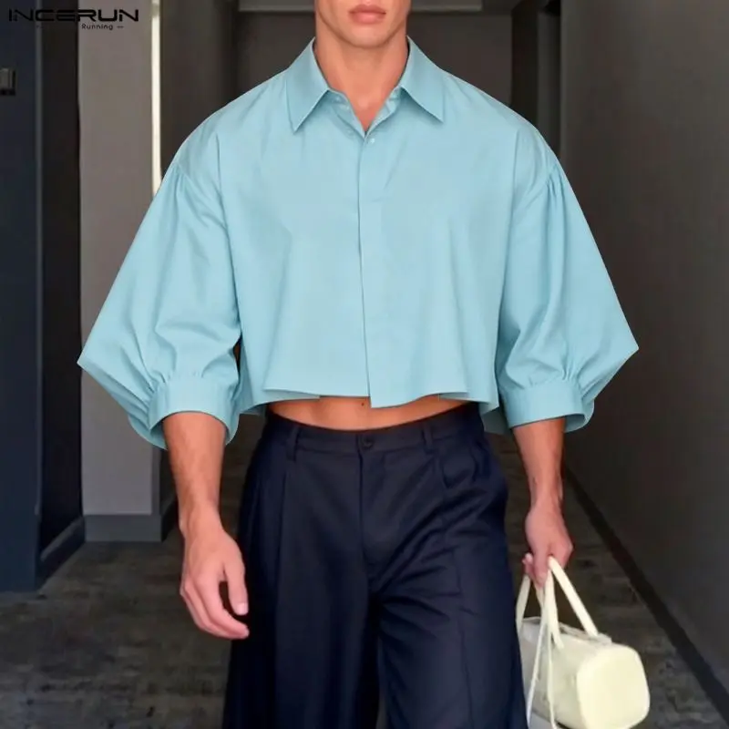 

INCERUN Мужская рубашка сплошной цвет с лацканами и пышными рукавами 3/4, повседневная мужская одежда, свободная уличная одежда, модные мужские рубашки для отдыха, укороченные топы