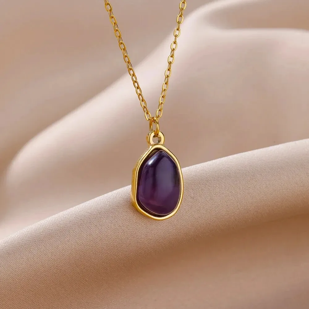 Fashion Stone Opal Oval Necklace For Women Stainless Steel Gold Color Green Stone Pendant Necklace Wedding Aesthetic Jewelry Gif