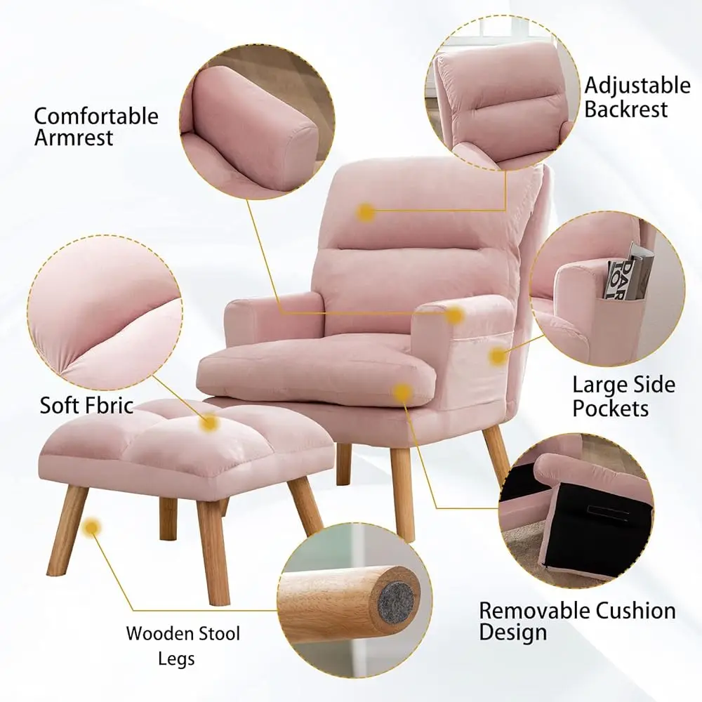 Modern Accent Chair With Ottoman, Soft Fabric Armchair With Adjustable Backrest And Side Pockets, Comfy Lounge Chair For Living