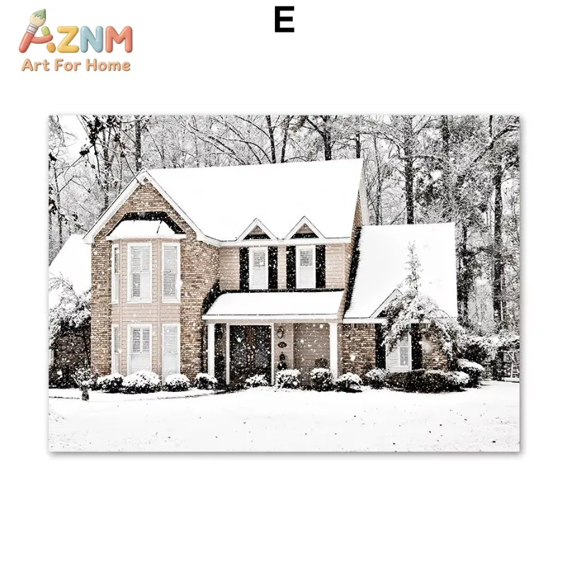 Single Winter Snow Canvas Wall Art Wooden Cabin Deer Forest House Nature Wall Prints Living Room Bedroom Home Decor Poster Gift