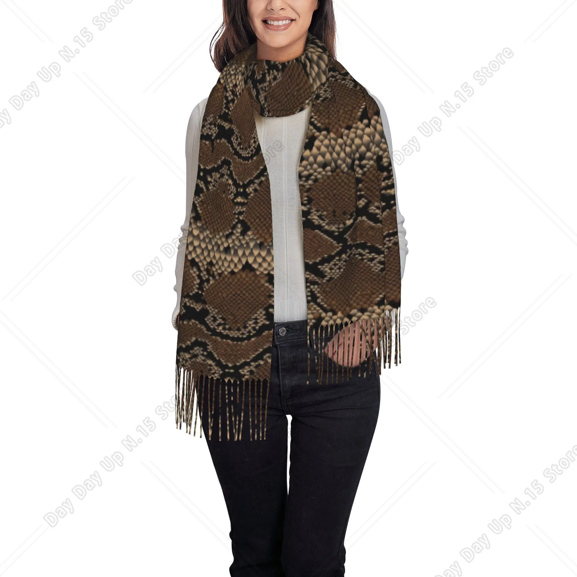Snake Light Beige Texture Pattern Unisex Autumn And Winter Fashionable Tassel Scarf Suitable for Outdoor Hiking Running Cycling