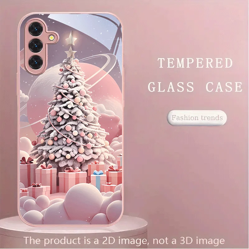 Christmas Tree Gift Box Pattern Glass Phone Case Suitable for Samsung Galaxy S26 S25 S24 S22 S21 S20 FE/Ultra/Plus Anti Drop