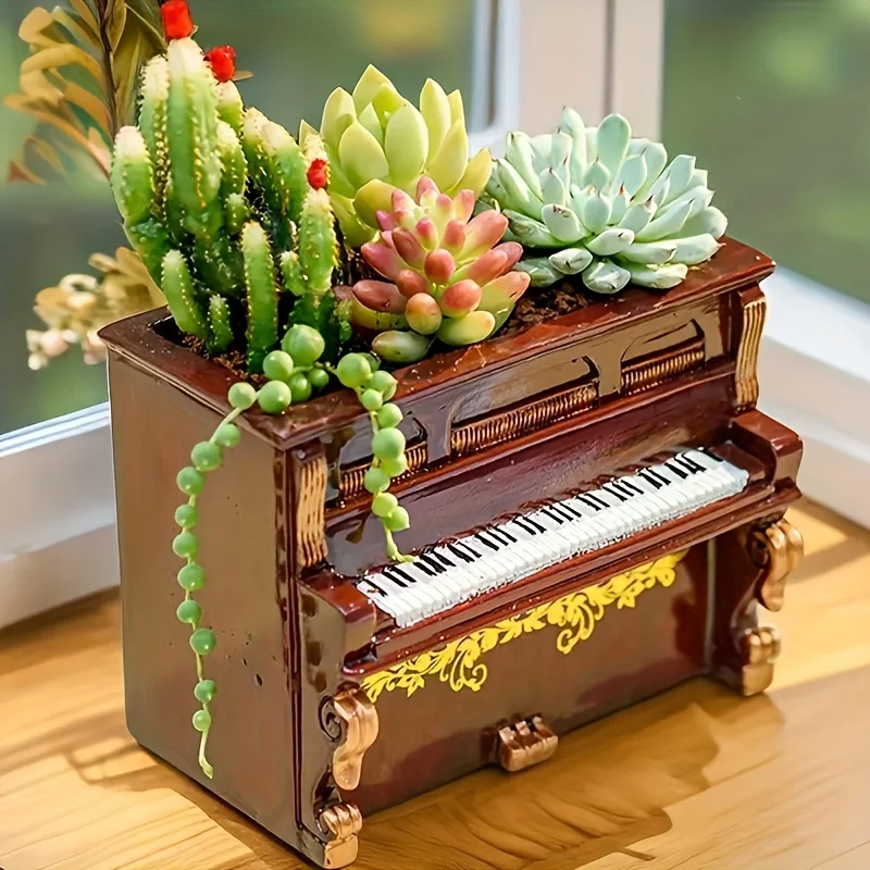 Rustic Piano-Shaped Flower Pot Statue - Decorative Resin Succulent Planter for Indoor and Outdoor Retro Garden Decoration