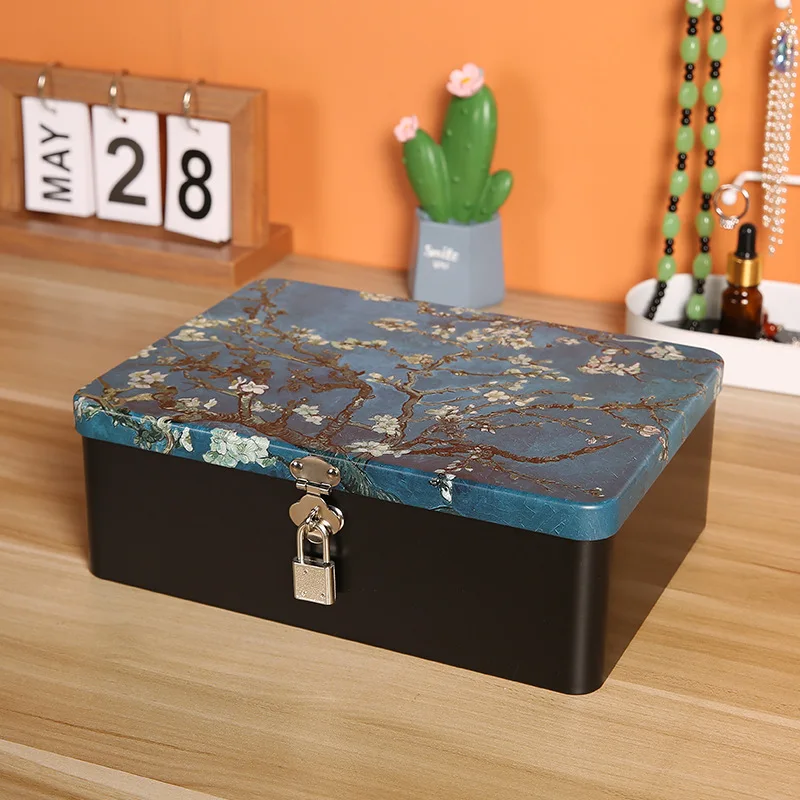 Iron Box with Lock and Key Desktop Storage Box Retro Tinplate Cosmetics ID Storage Household Jewelry Storage Empty Box