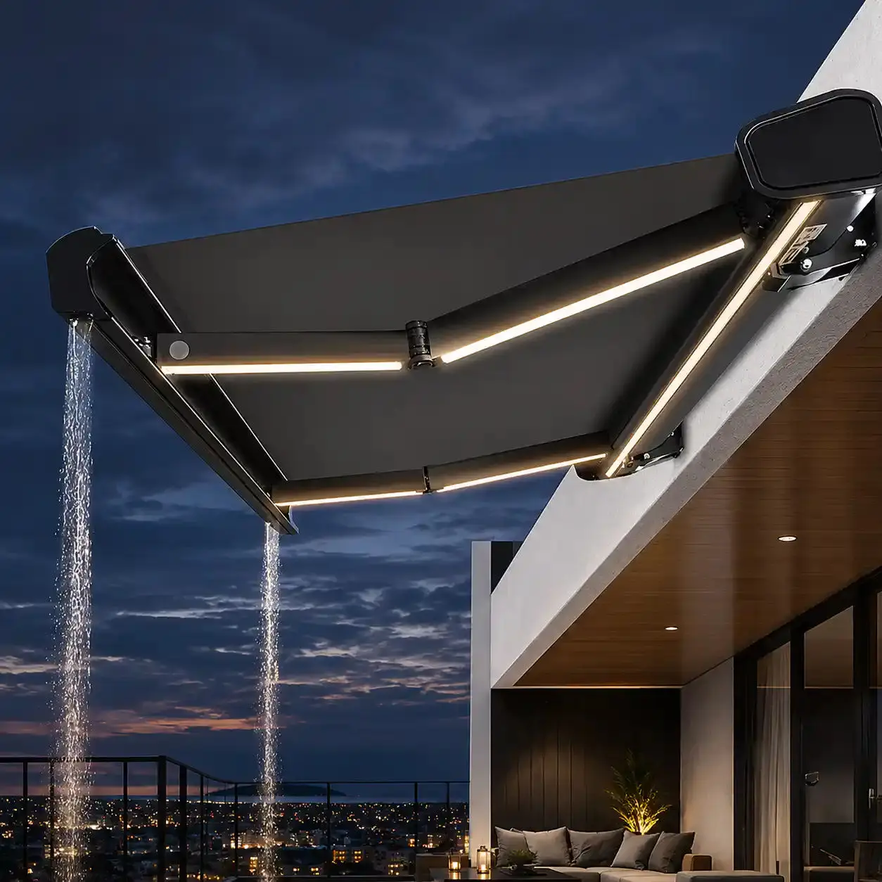 Affordable Outdoor Aluminum Frame Acrylic Sunshade Equipped with LED Lights Outdoor Leisure Canopy Quiet Start Up Awning