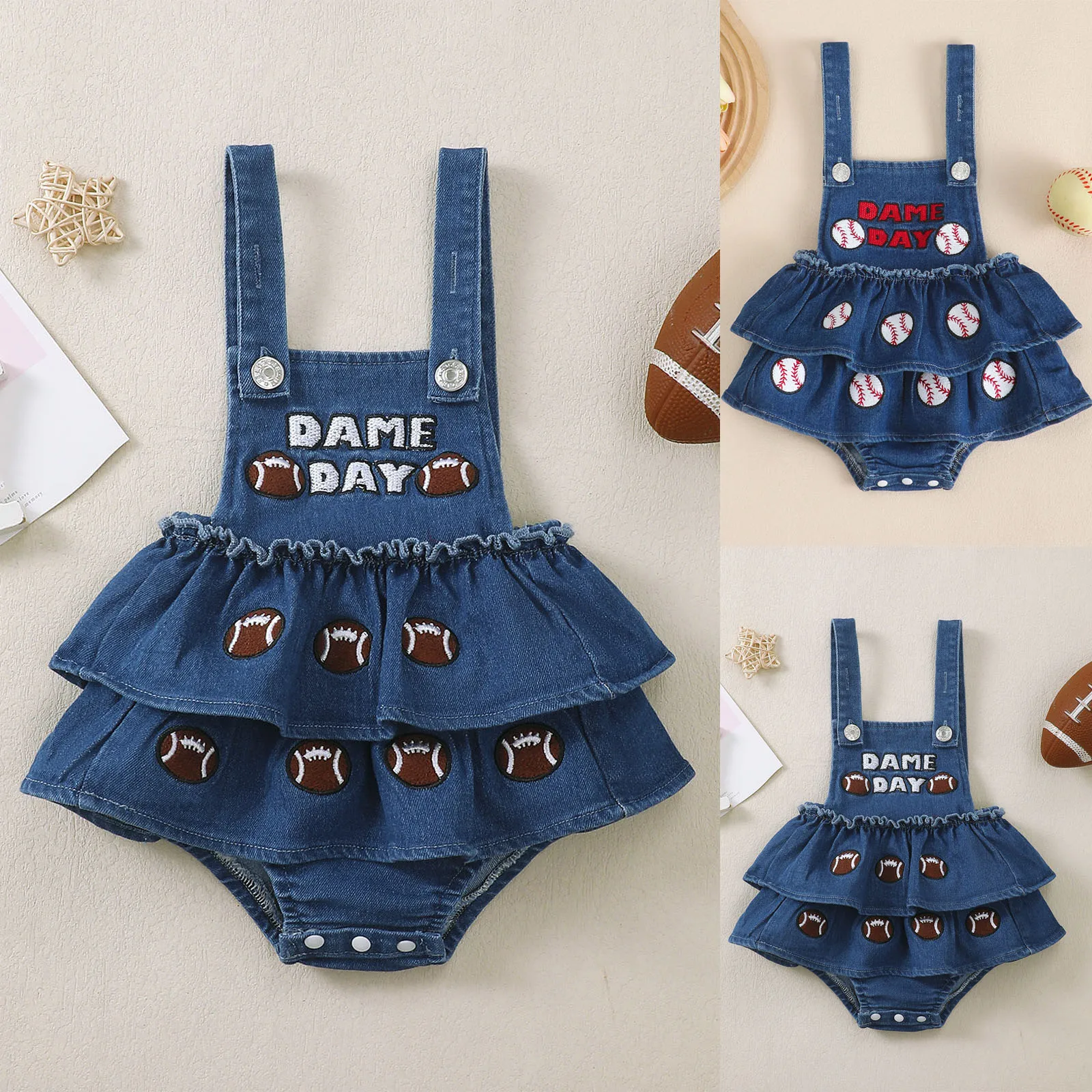 

Baby Girls Thanksgiving Outfit Set Denim Embroidered Suspender Romper Baseball Printed Dress Cute Stylish Toddler Girls Clothing