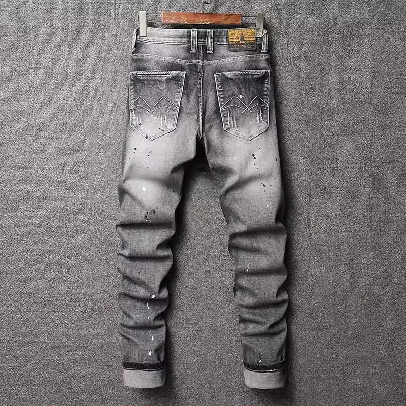 Y2K Street Designer Fashion Men Jeans Retro Black Gray Stretch Slim Fit Painted Ripped Jeans Men Patched Vintage Denim Pants