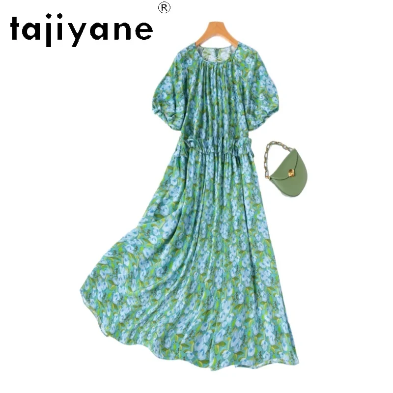 

TAJIYANE 100% Mulberry Silk Dress Woman Summer 2025 Green Long Dresses Party Frocks with Flowers Ladies Clothes платье женское