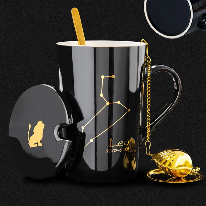 420ml Ceramic Coffee Mug With Spoon & Tea Infuser Creative Constellation Zodiac Tea Cup for Water Milk Juice Birthday Gift