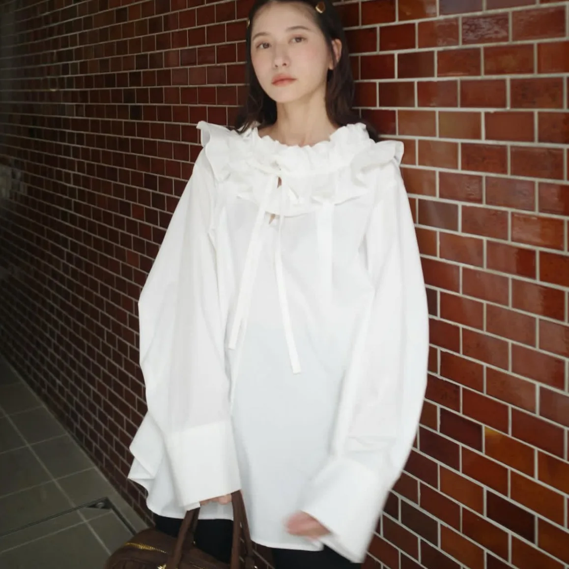 

SuperAen Autumn New Japan Long-sleeved Shirt Lotus Leaf Collar Fashion Lace-up Shirt Blouse