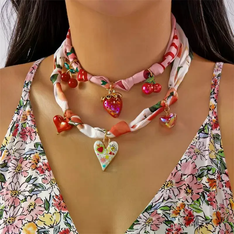 Bohemian Style Satin Bandana Scarf Necklace Vintage Flower Heart Bow Cherry Charm Scarf Pendant Fashion Women Jewelry Accessory