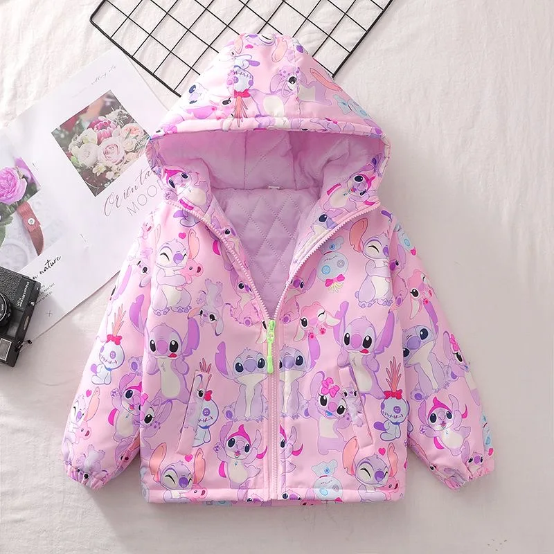 Disney Stitch Jackets For Girls Spring Autumn Kids Cotton Padded Thickening Hooded Zipper Warm Outerwear Children Casual Coats