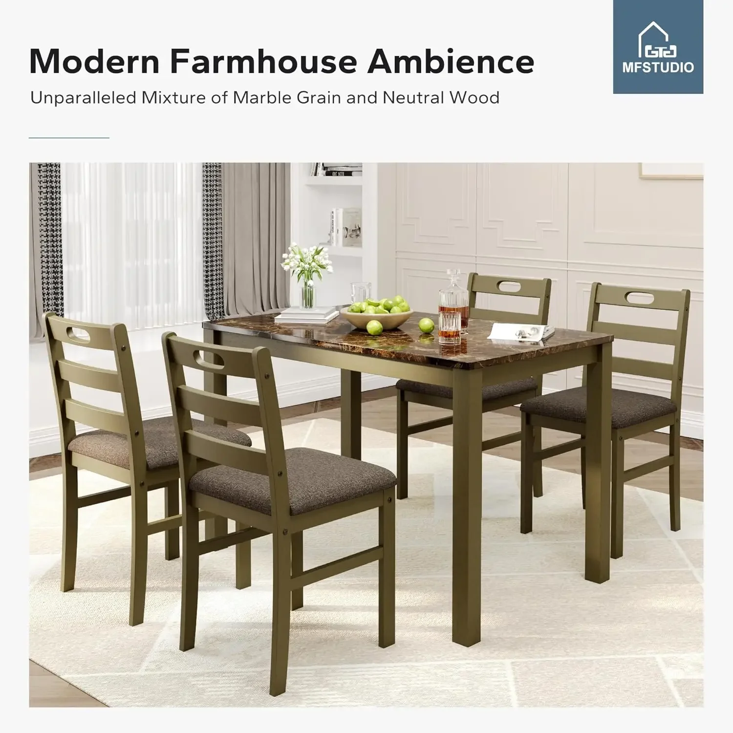5 Piece Kitchen Table Chairs Set of 4, Marble Design Dining Table Set for 4, Space Saving Farmhouse Dinner Table, Customized