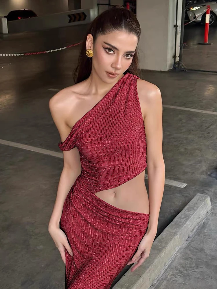 PB براقة الأزرق واحد الكتف قطع الترتر فستان طويل أنيق بلا أكمام شبكة حفلة رسمية المناسبات المشاهير مساء ارتداء