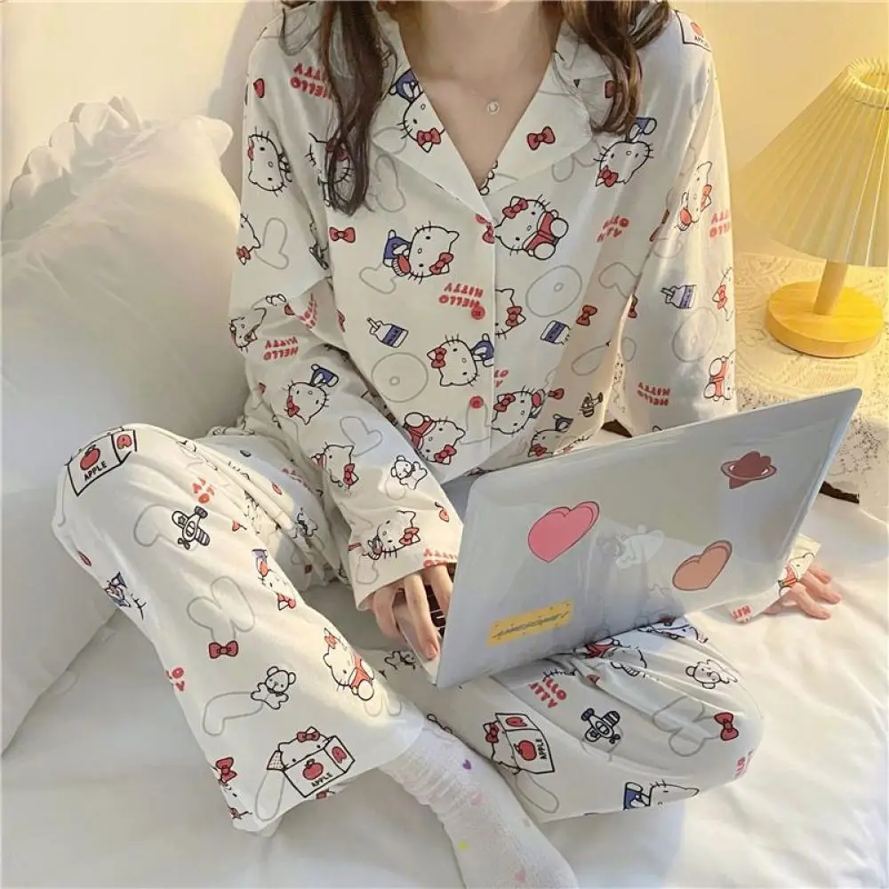 Hello Kitty 2Pcs Pajamas Set Sanrioed Cinnamoroll Anime Kawaii for Women Kt Cat Long Sleeve Tops Pants Loungewear Homewear Sweet