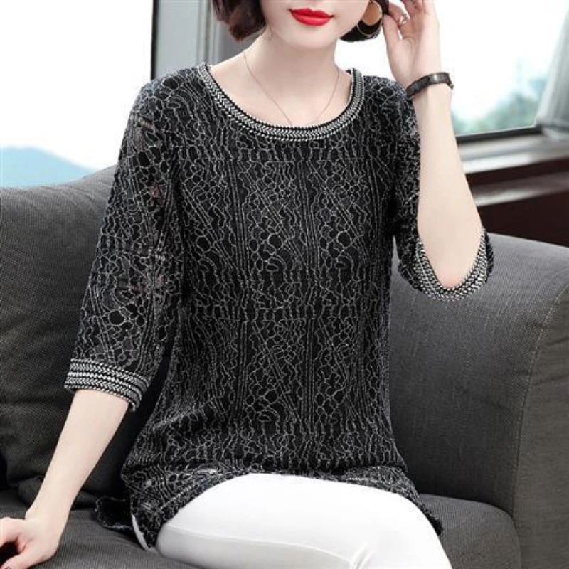 Elegant New O Neck Lace Slim Shirts Women Popular Tops All-match Fashion Korean Casual Simple Female Retro Half Sleeve Clothing