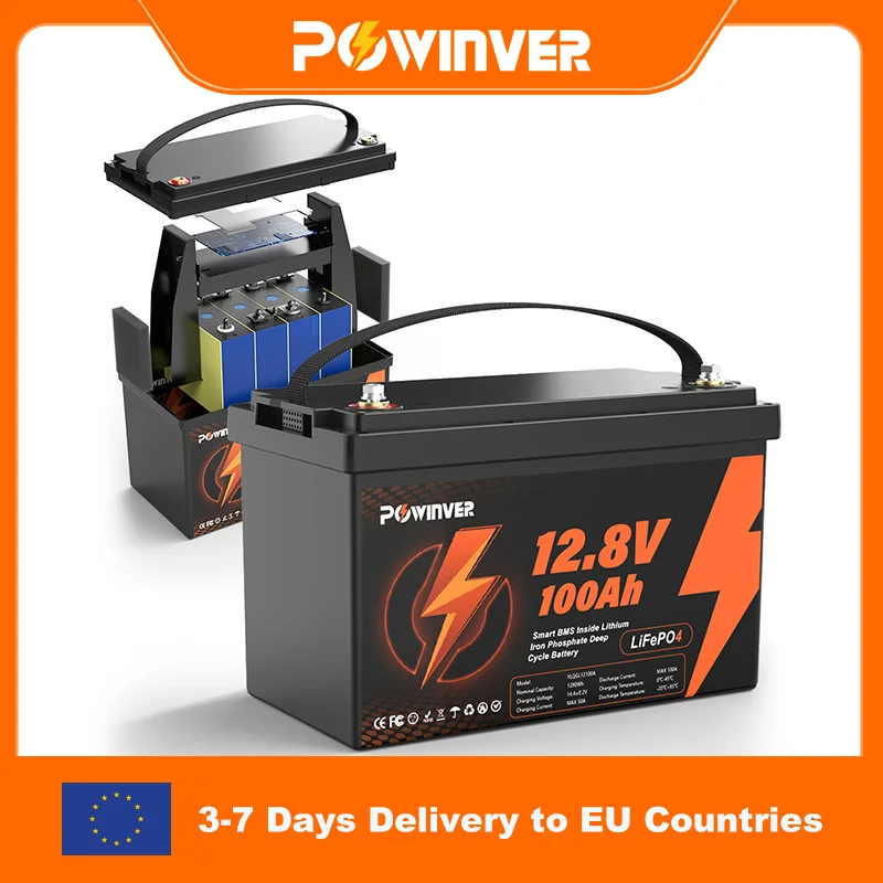 POWINVER 12V 100Ah LiFePO4 battery,lithium battery, solar battery, RV battery, marine battery, deep cycle battery, off grid energy storage, replace lead acid, built-in BMS, camper battery, yacht battery, backup power supply