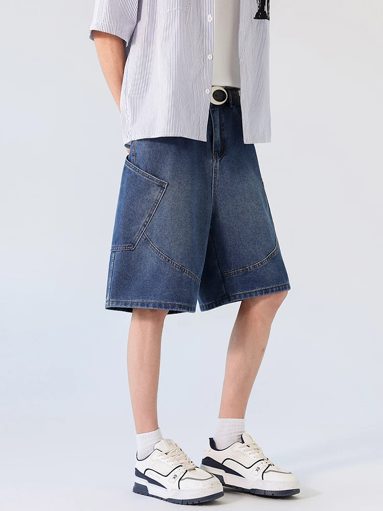 

Summer Men's Casual Shorts Zipper Large Pocket Jeans Streetwear Baggy Denim Vintage Trousers Splicing Five Points Male