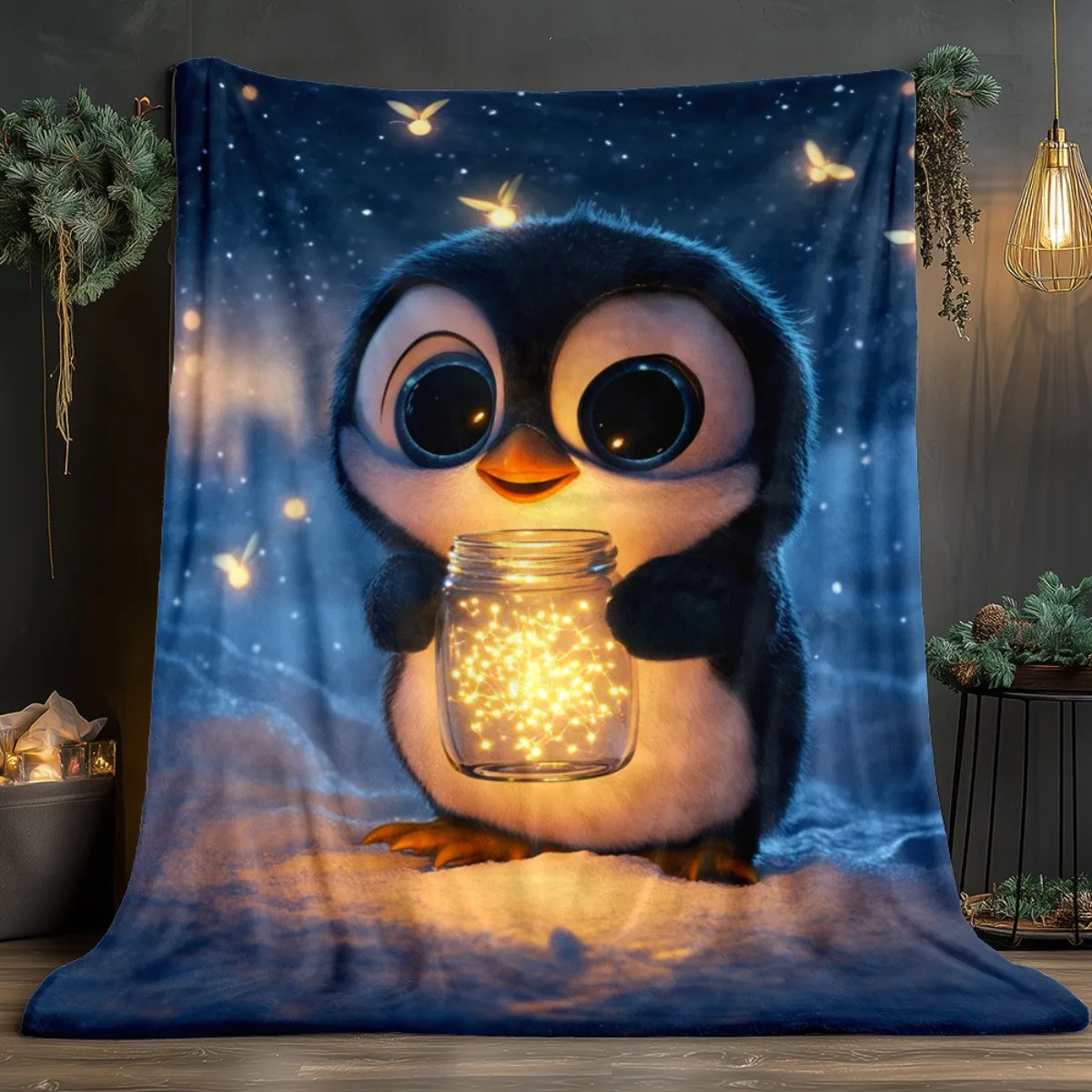 1pc Penguin Blanket- Lightweight Flannel Throw for Sofa, Outdoor, Camping, Livingroom, Office, Chair, and Bed - Digital Printing