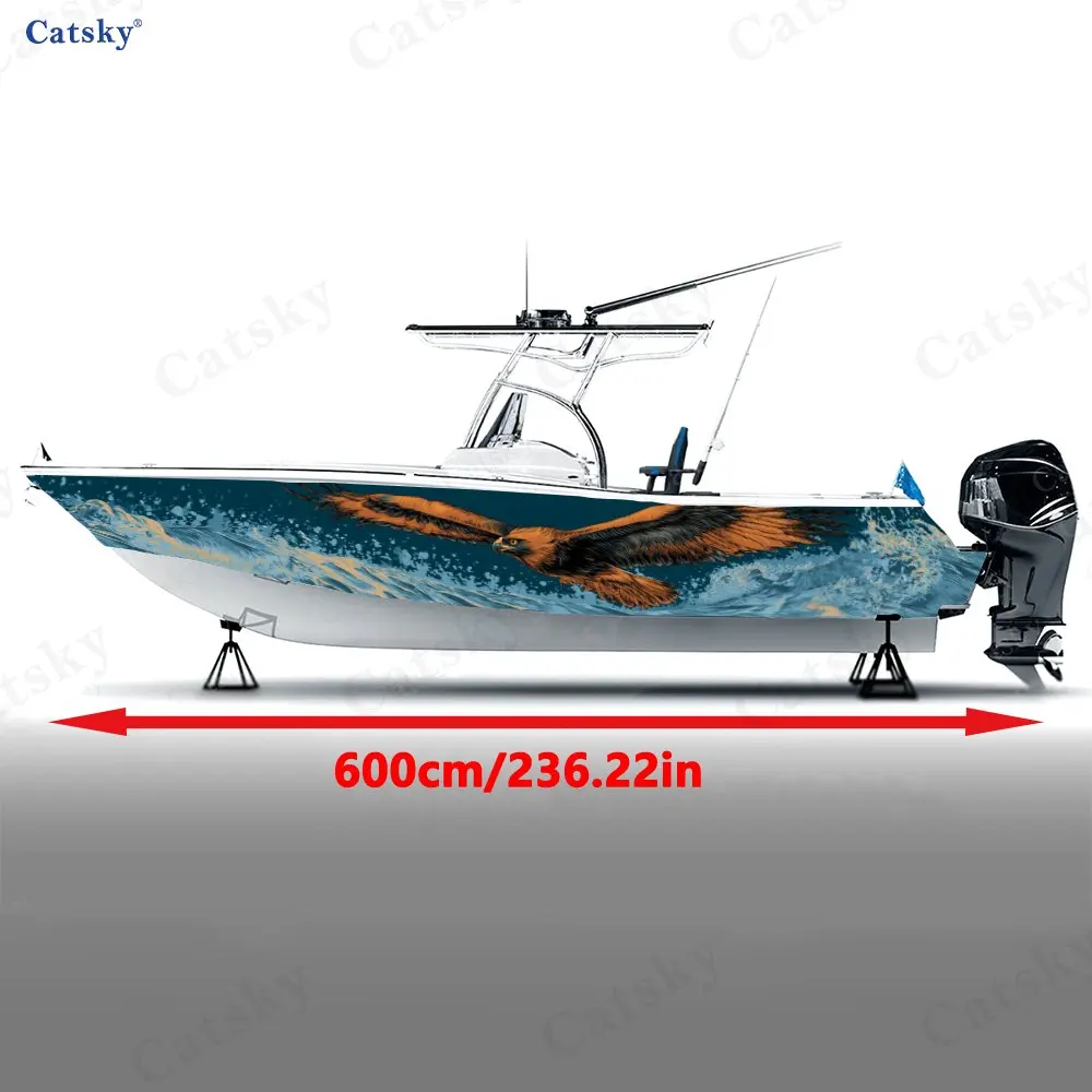Powerful Blue-Orange Flying Eagle Boat Stickers, PVC Waterproof Vinyl Wrap Decals for Fishing Boats, Durable and Stylish Design
