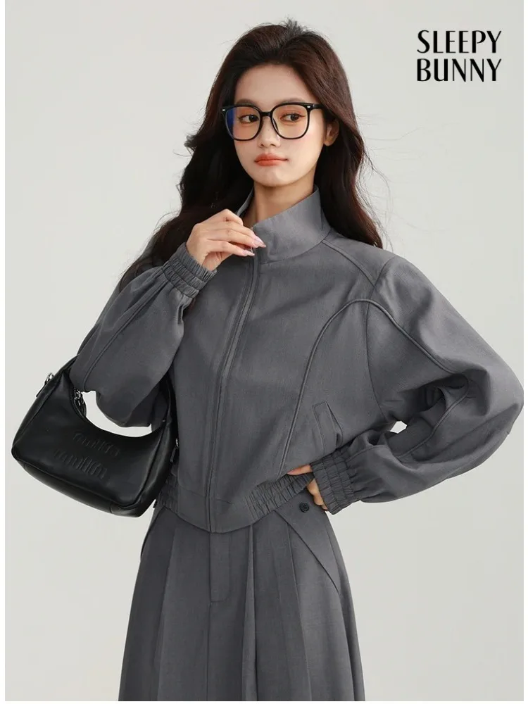 Casual Grey Jacket and Pleated Skirt Set Women High Neck Zip-Up Short Coat with Elastic Hem Korean Style Two-Piece Outfit Autumn