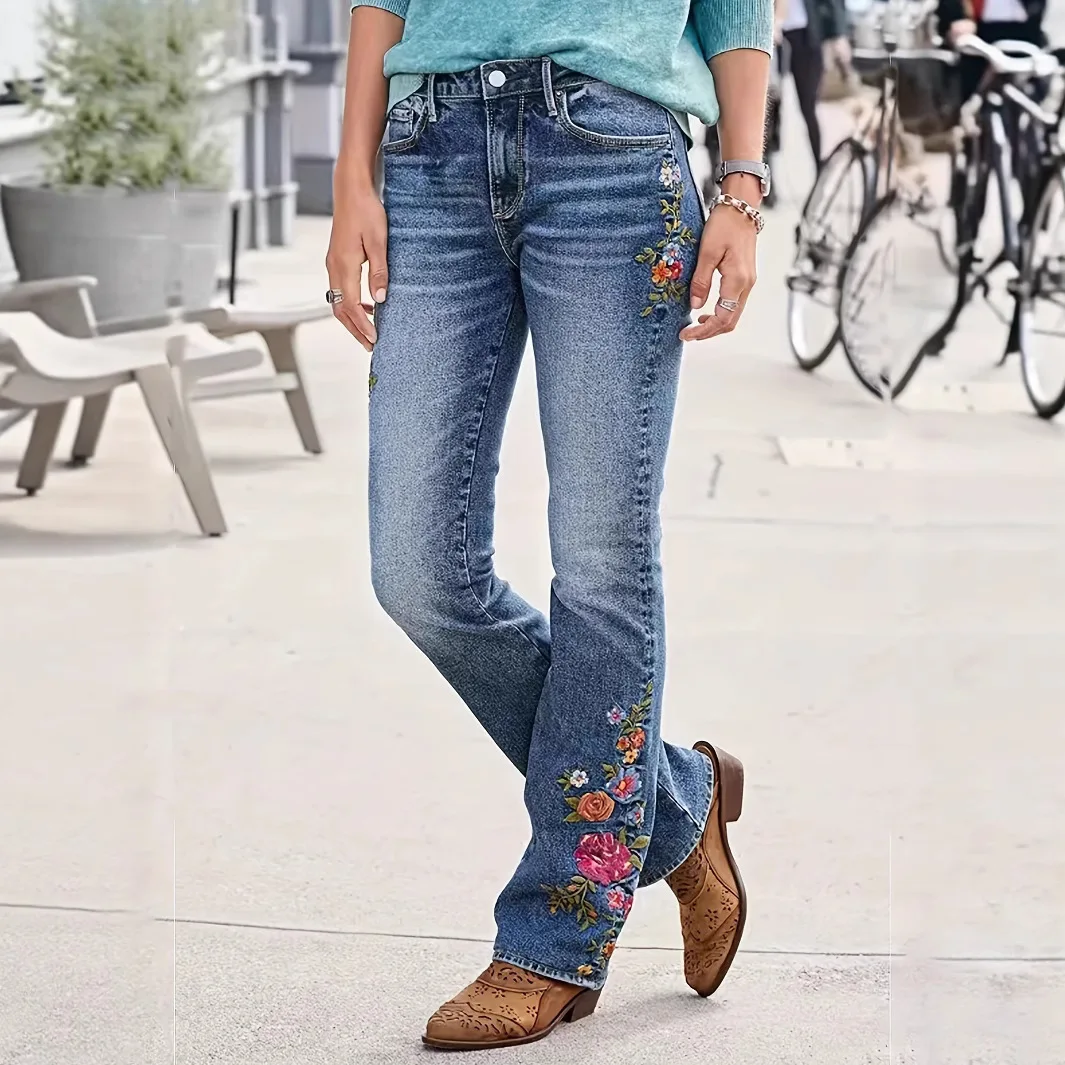 

Jeans Women Boot Cut Flare Pants Stretch Mid Waist Embroidery Full Length Trousers Washed Distressed Denims Streetwear 2025