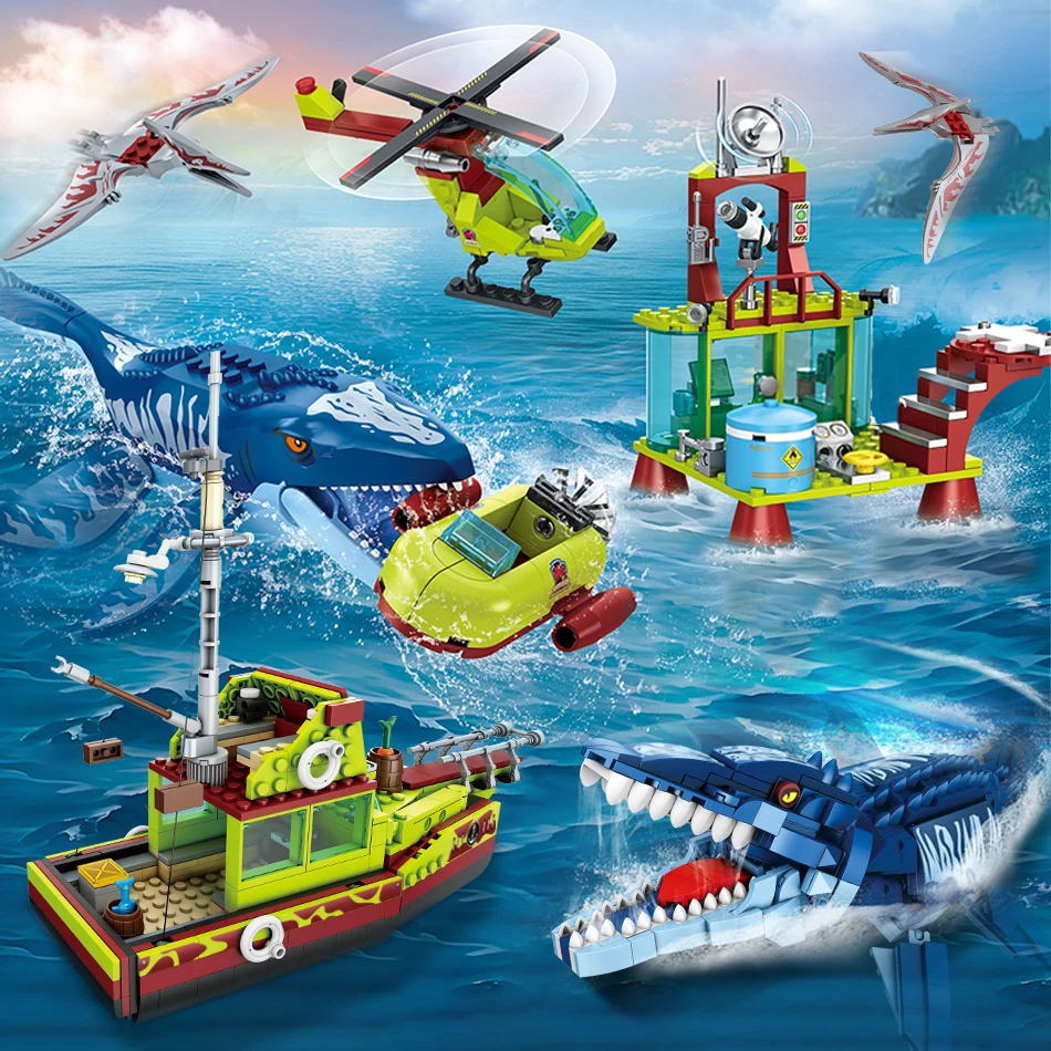 Monde des dinosaures du Jurassique, bateau d'exploration du Mosasaurus, blocs de construction de l'institut de recherche, briques de parc des dinosaures, jouet, cadeau de vacances pour adultes