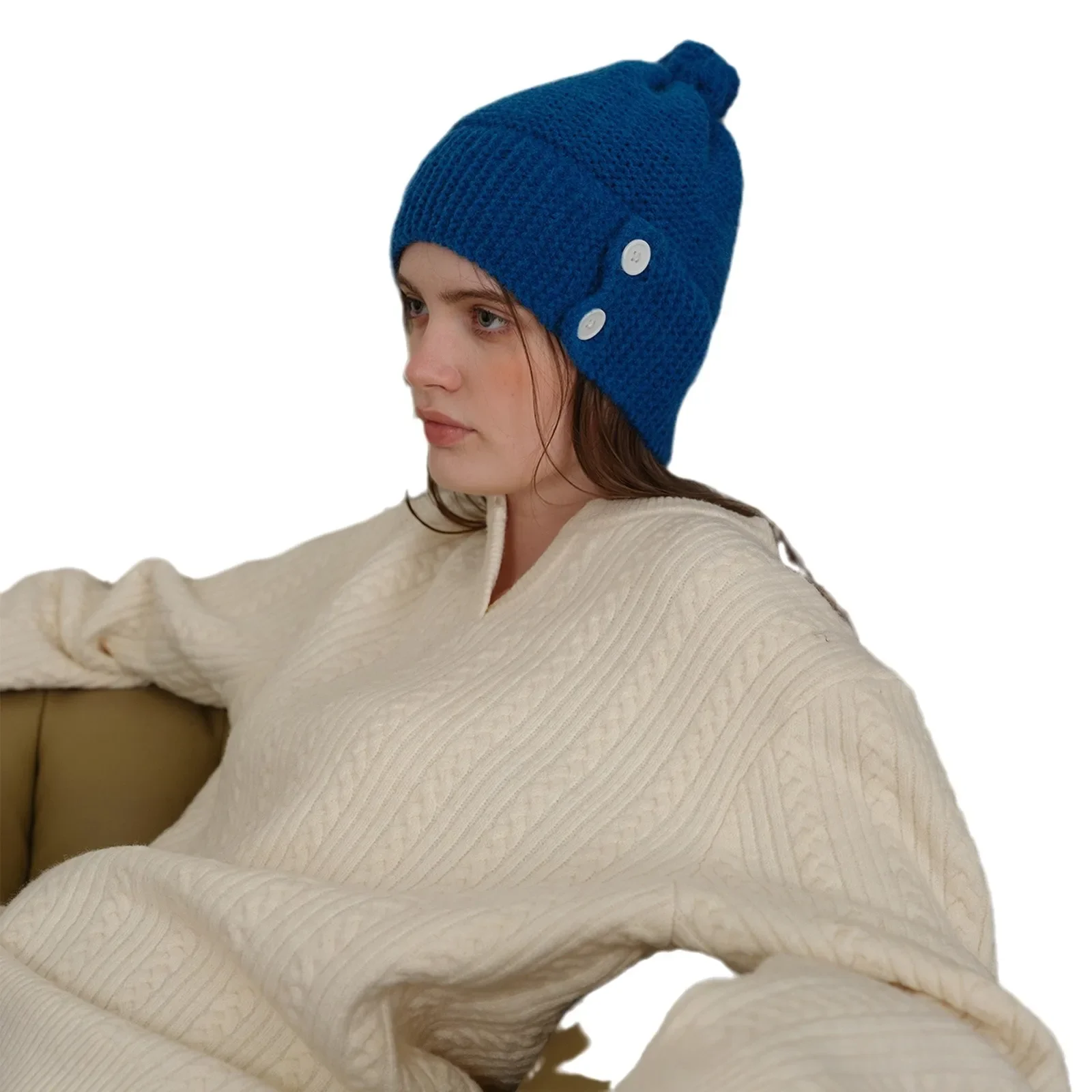 2024 New Winter Personalized Warm Klein Blue B with Comfortable Ear Protection Button Knitted Wool Cold Hat Women