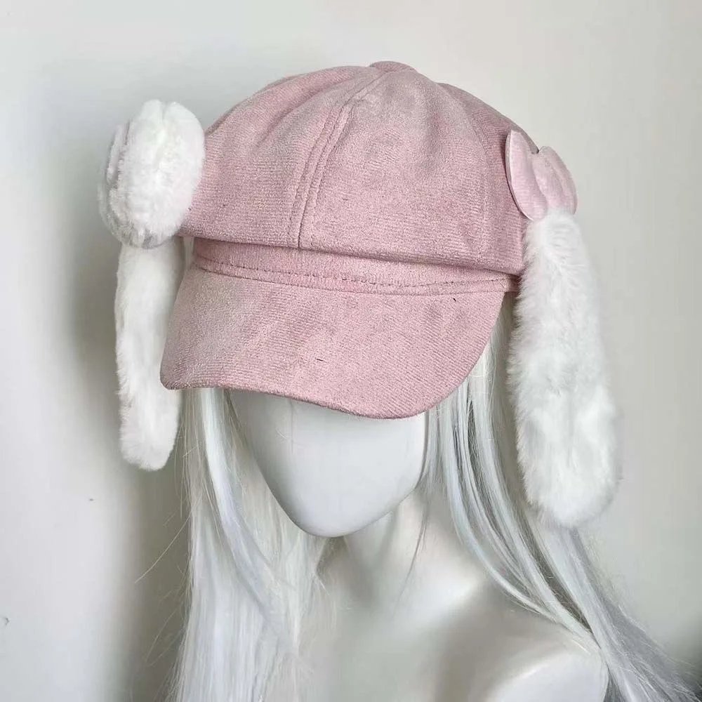 Harajuku Y2k Mädchen Japanische Nette Rosa Lollipop Plüsch Welpen Ohren Hut Frauen Lolita Kawaii Süße Kühle Baskenmütze Hüte Chic Streetwear