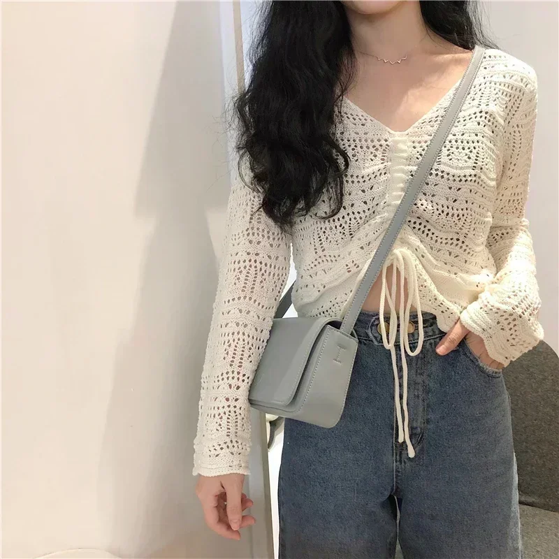 Gagarich Women Blouse Korean Style Spring Summer New Loose V-neck Hollow Out Drawstring Pleated Short Cool Tops