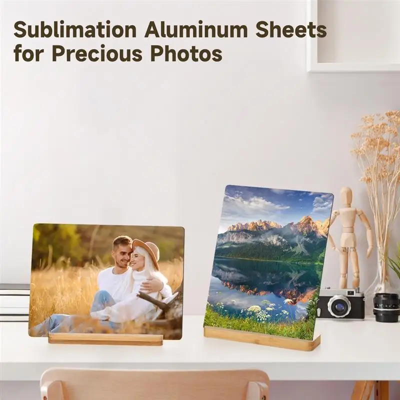 6PCS Aluminum Sublimation Blanks With 6 Wood Stands 7.99 X 5.98 Inches Photo Heat Transfer Panels For Home Office Decoration