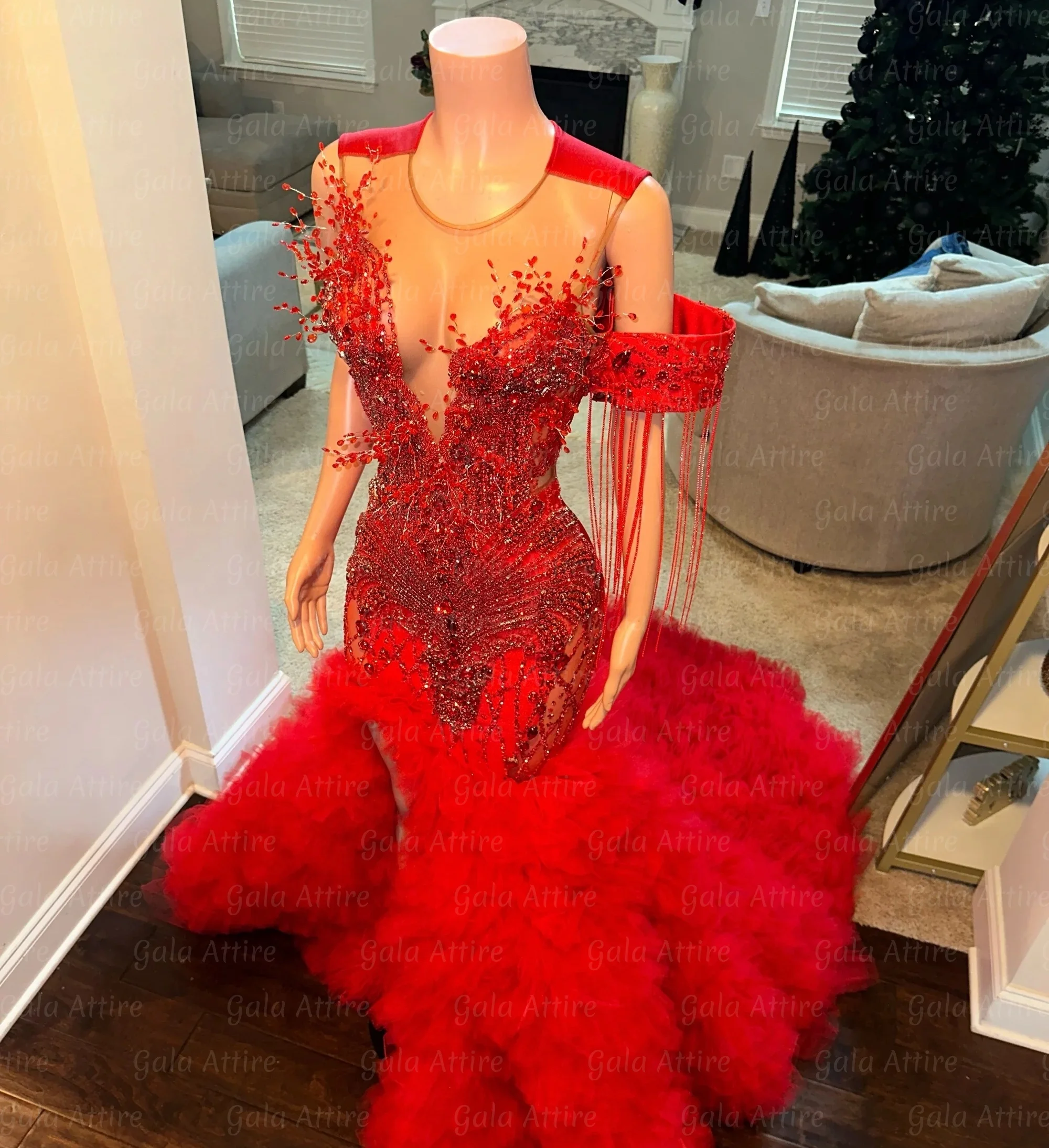 

Gala Attire Red Prom Dresses Rich Crystal Beads Tassel Long Ruffle Graduation Party Gowns High Slit Maxi Dress Customized