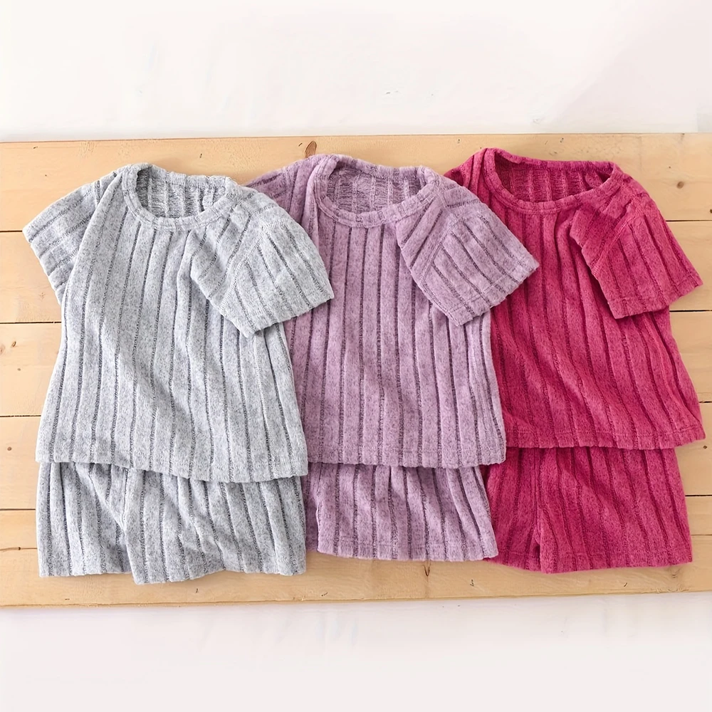 

Baby Summer Short Sleeved Multi-color Knitted T-shirt+shorts Casual Home Wear Two-piece Set (rose Red/light Purple/light Gray)