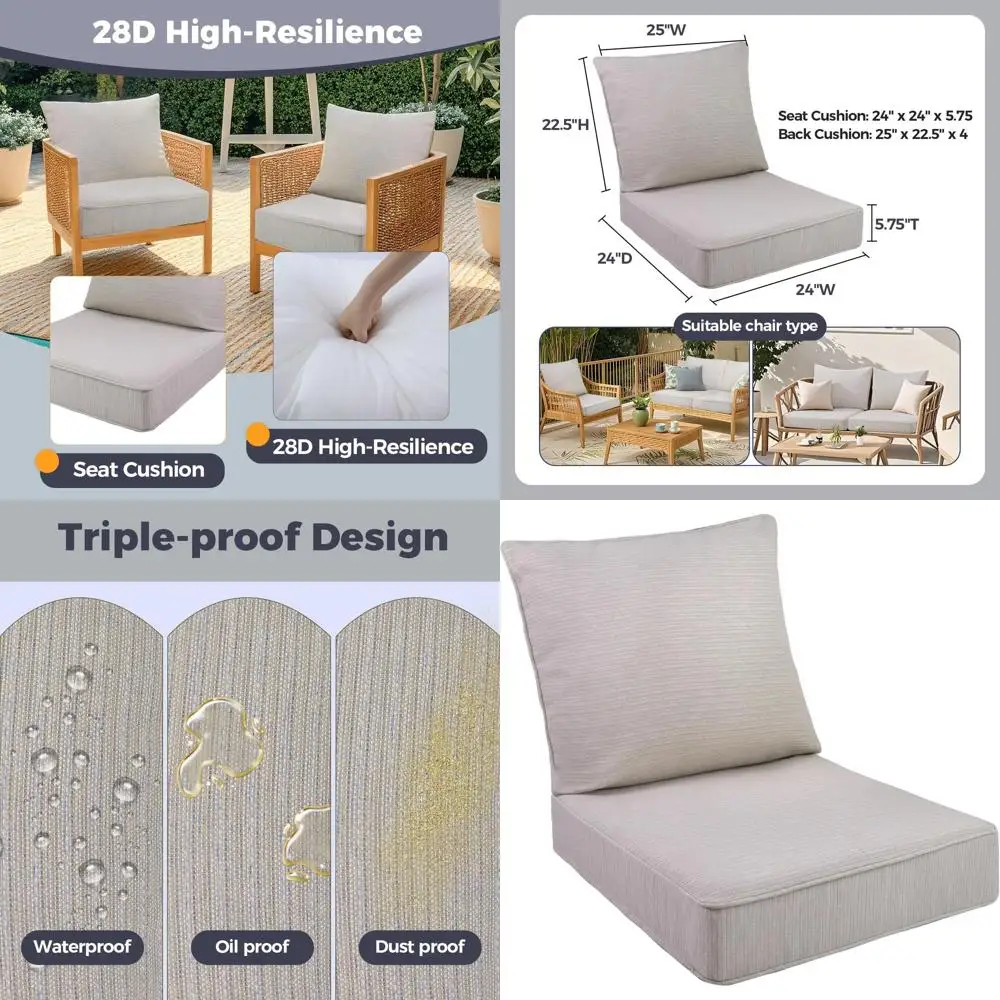 

Weatherproof Outdoor Seat Cushion Set, 24 x 24, Fade-Resistant, Deep Seat Covers for Patio Chairs, Beige