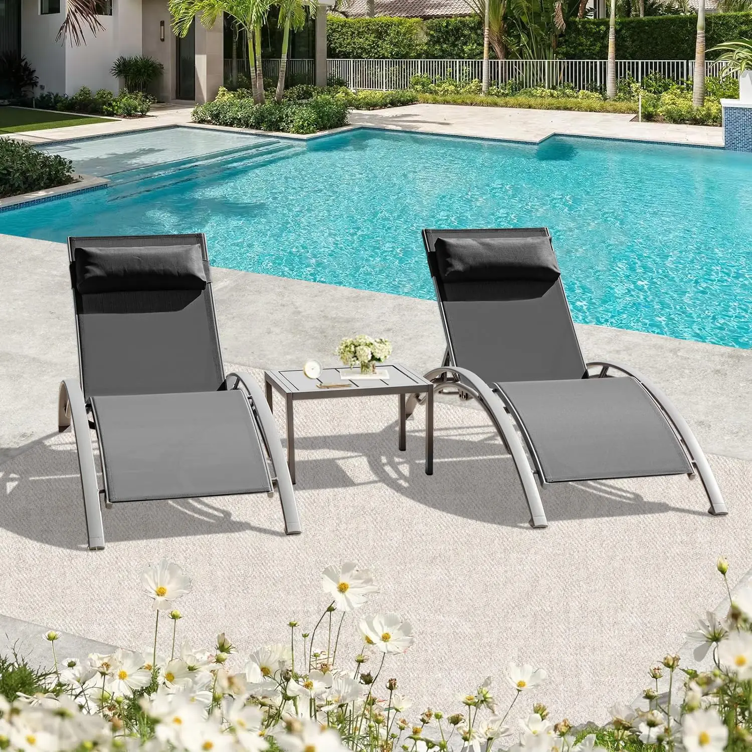 

Adjustable Aluminum 3-Piece Sun Lounger Set Outdoor Chaise Lounge Chairs Metal Side Table All Weather Poolside Backyard